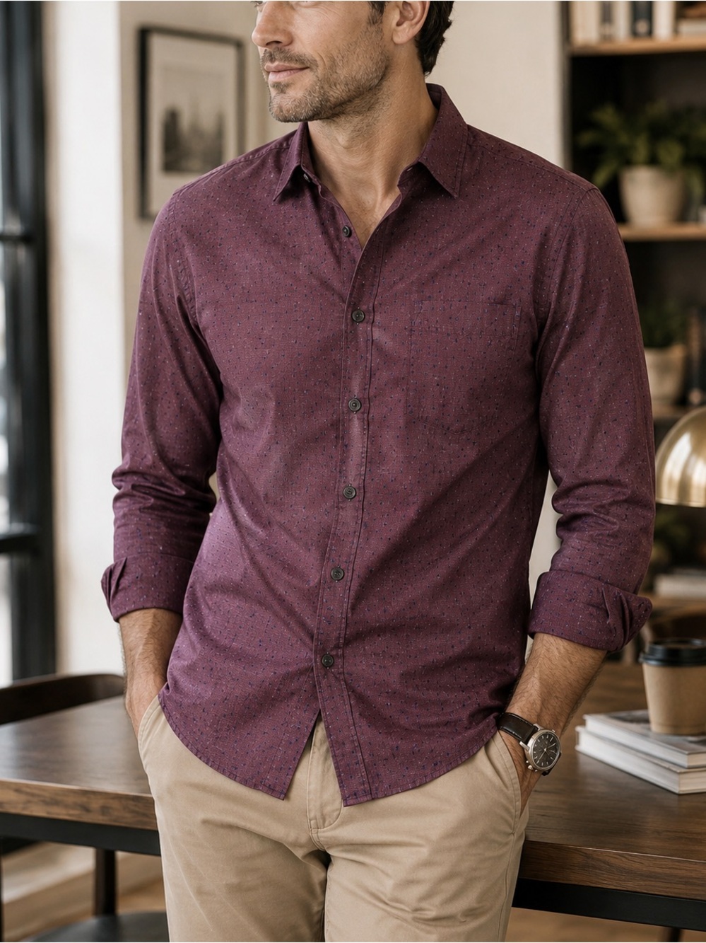 Banana Republic Men's M Burgundy 100% Organic Cotton Button-Up Geometric Pattern